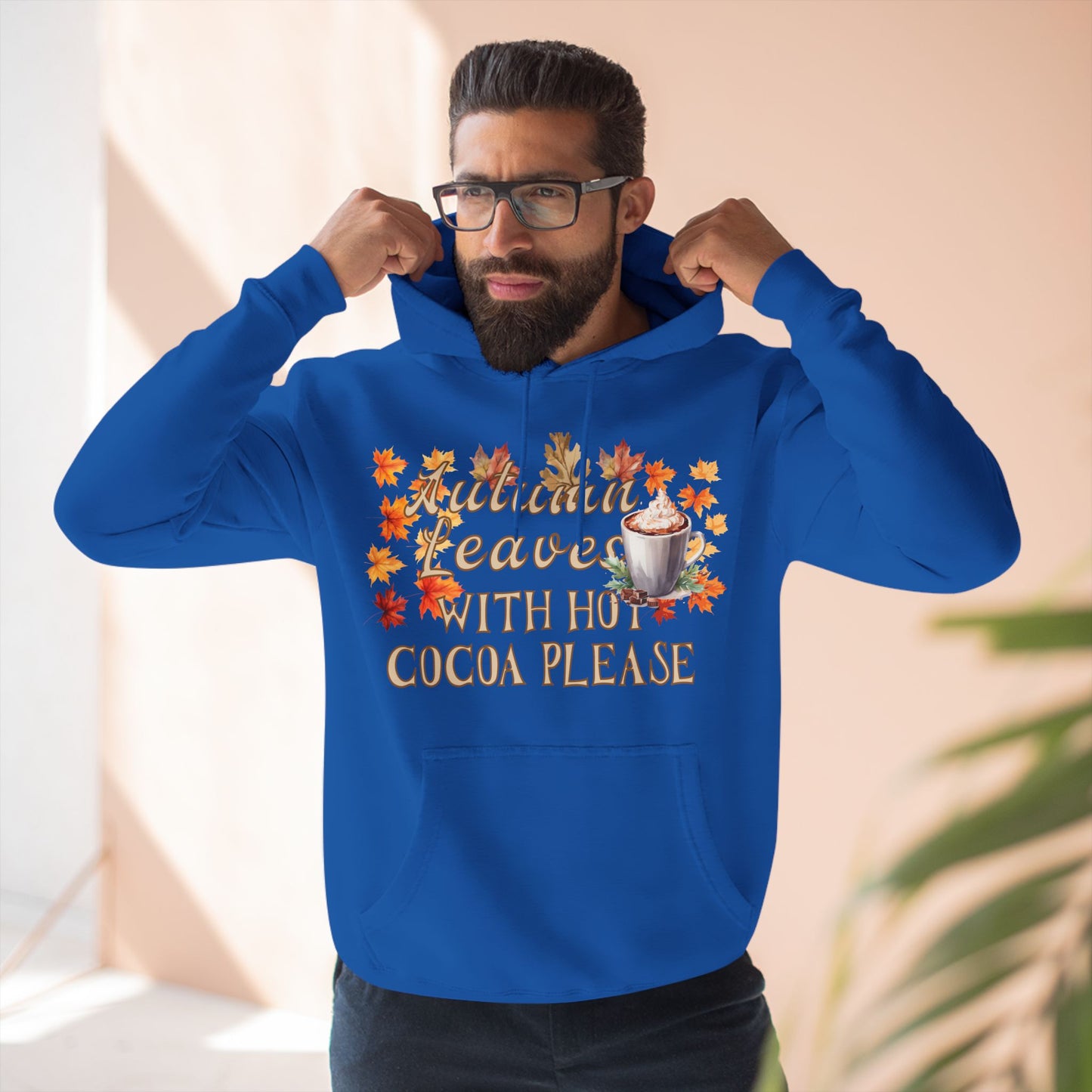 Fleece Hoodie - Fall Season Hot Cocoa and Pumpkins Design