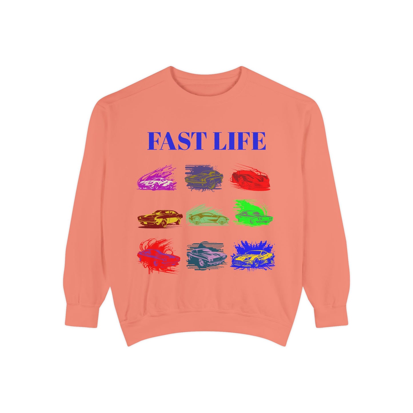 Fast Life Garment-Dyed Unisex Sweatshirt – Colorful Car Design for Automotive Enthusiasts
