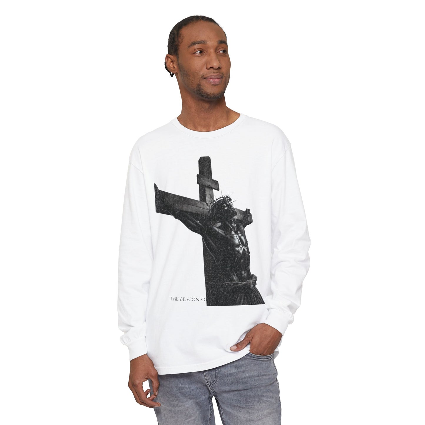 He Goes By many Names Faith-Inspired Long Sleeve T-Shirt - Garment-Dyed with Crucifix Design