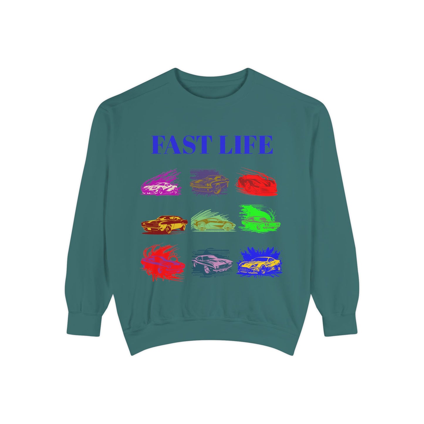 Fast Life Garment-Dyed Unisex Sweatshirt – Colorful Car Design for Automotive Enthusiasts