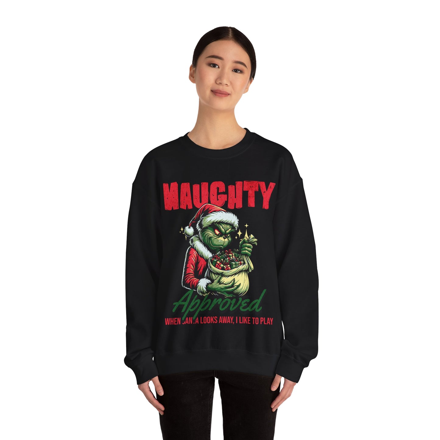 Grinch Crewneck Sweatshirt - Mr Grinch Holding a Bag of Gifts
