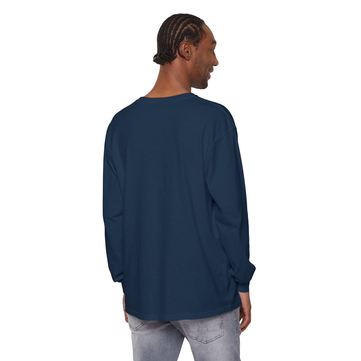 He Goes By many Names Faith-Inspired Long Sleeve T-Shirt - Garment-Dyed with Crucifix Design