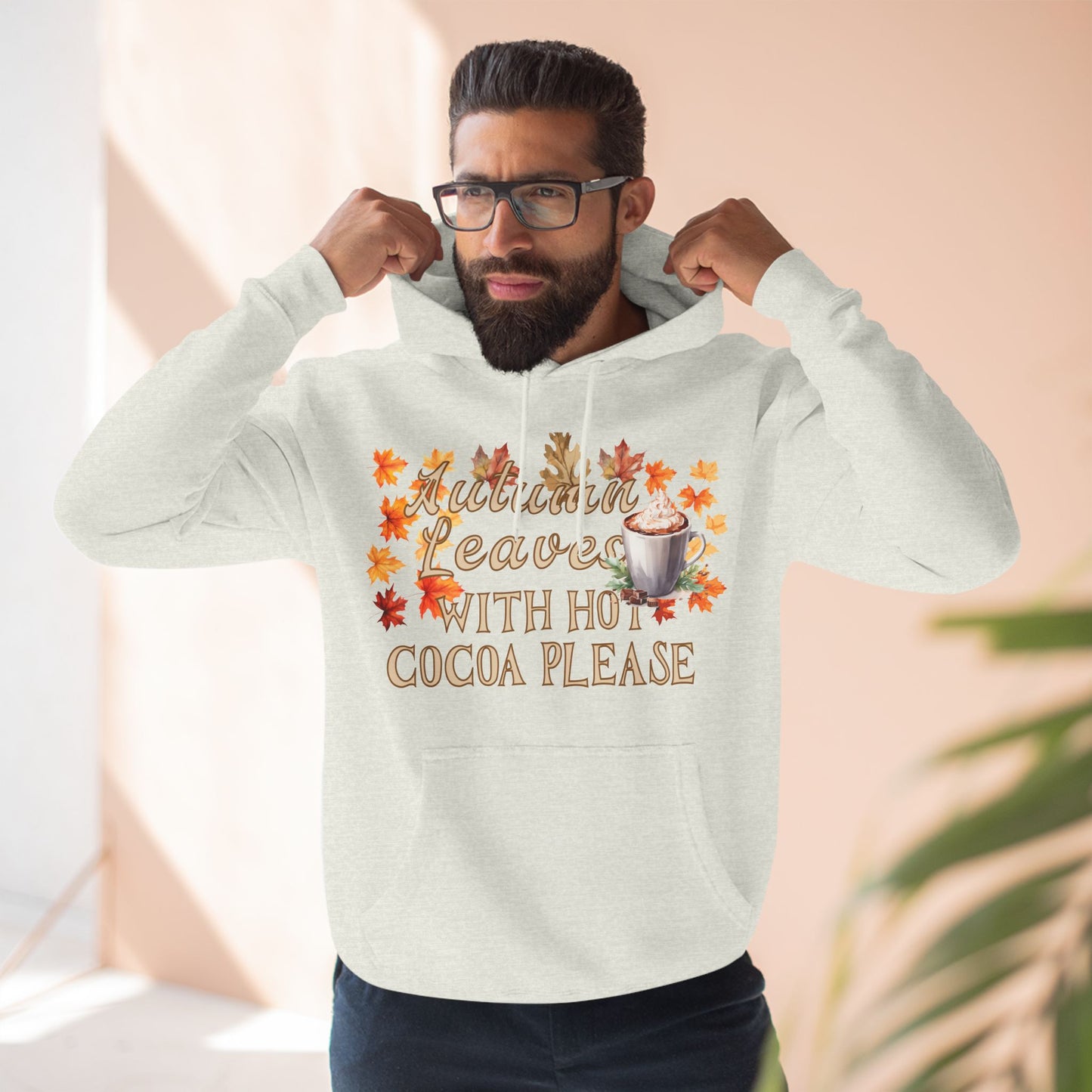 Fleece Hoodie - Fall Season Hot Cocoa and Pumpkins Design