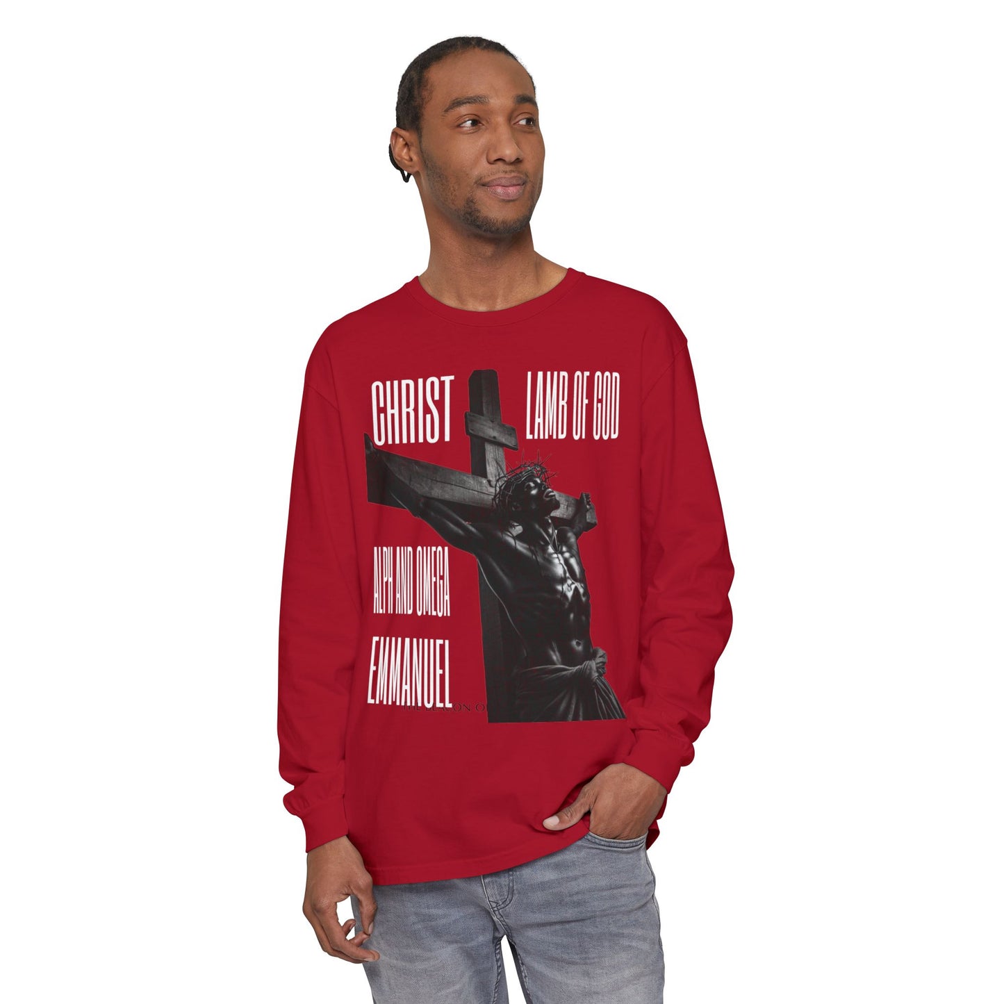 He Goes By many Names Faith-Inspired Long Sleeve T-Shirt - Garment-Dyed with Crucifix Design