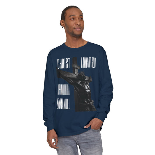 He Goes By many Names Faith-Inspired Long Sleeve T-Shirt - Garment-Dyed with Crucifix Design