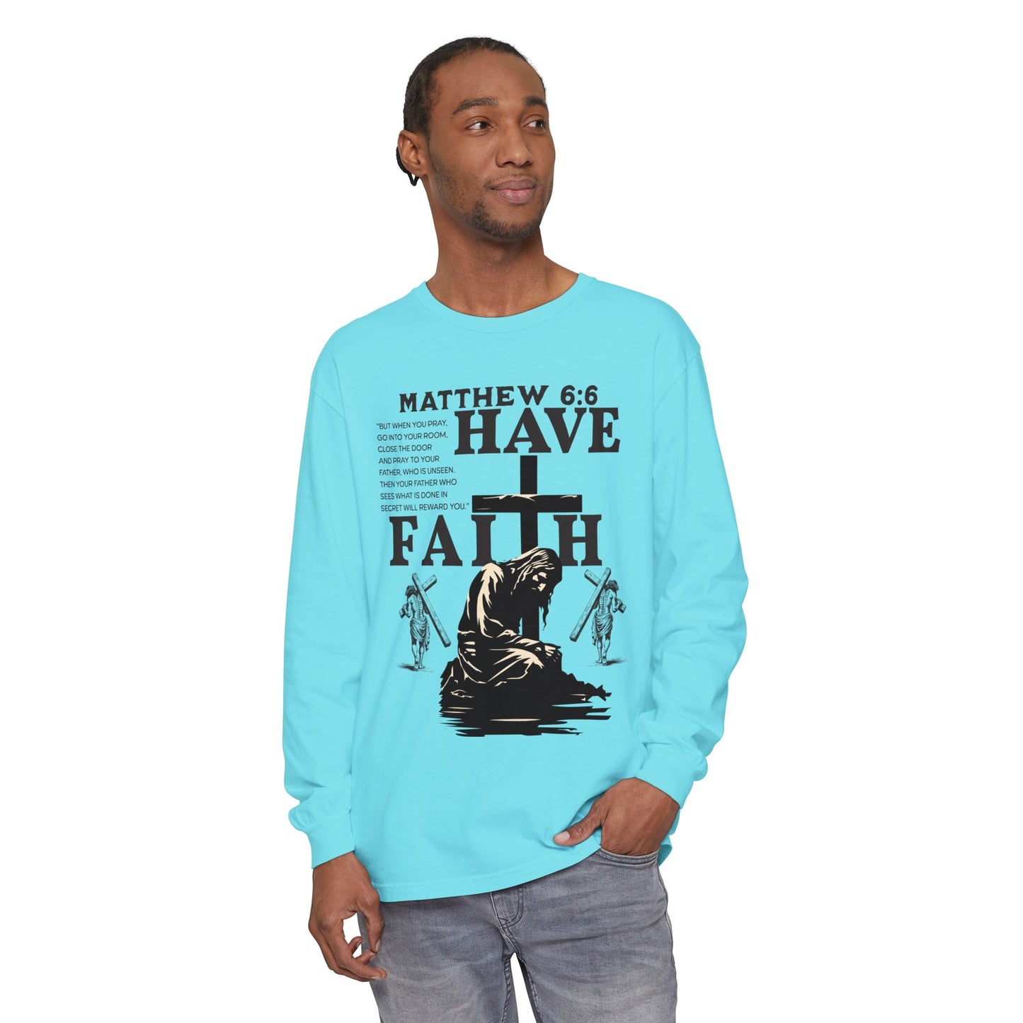 Faith Inspired Unisex Long Sleeve T-Shirt - Matthew 6:6 Design