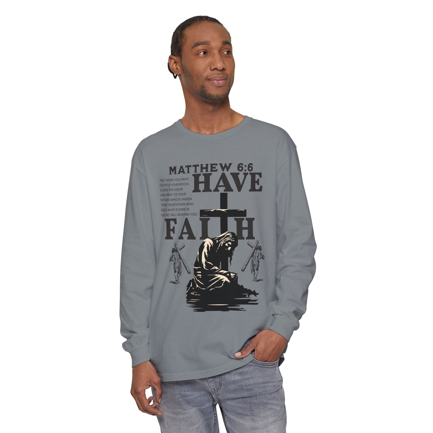 Faith Inspired Unisex Long Sleeve T-Shirt - Matthew 6:6 Design