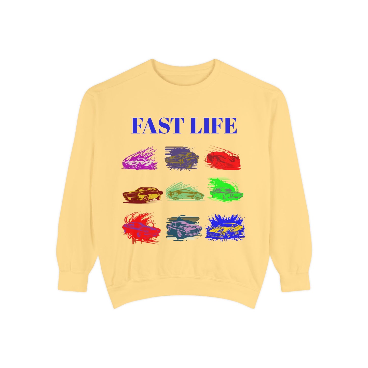 Fast Life Garment-Dyed Unisex Sweatshirt – Colorful Car Design for Automotive Enthusiasts